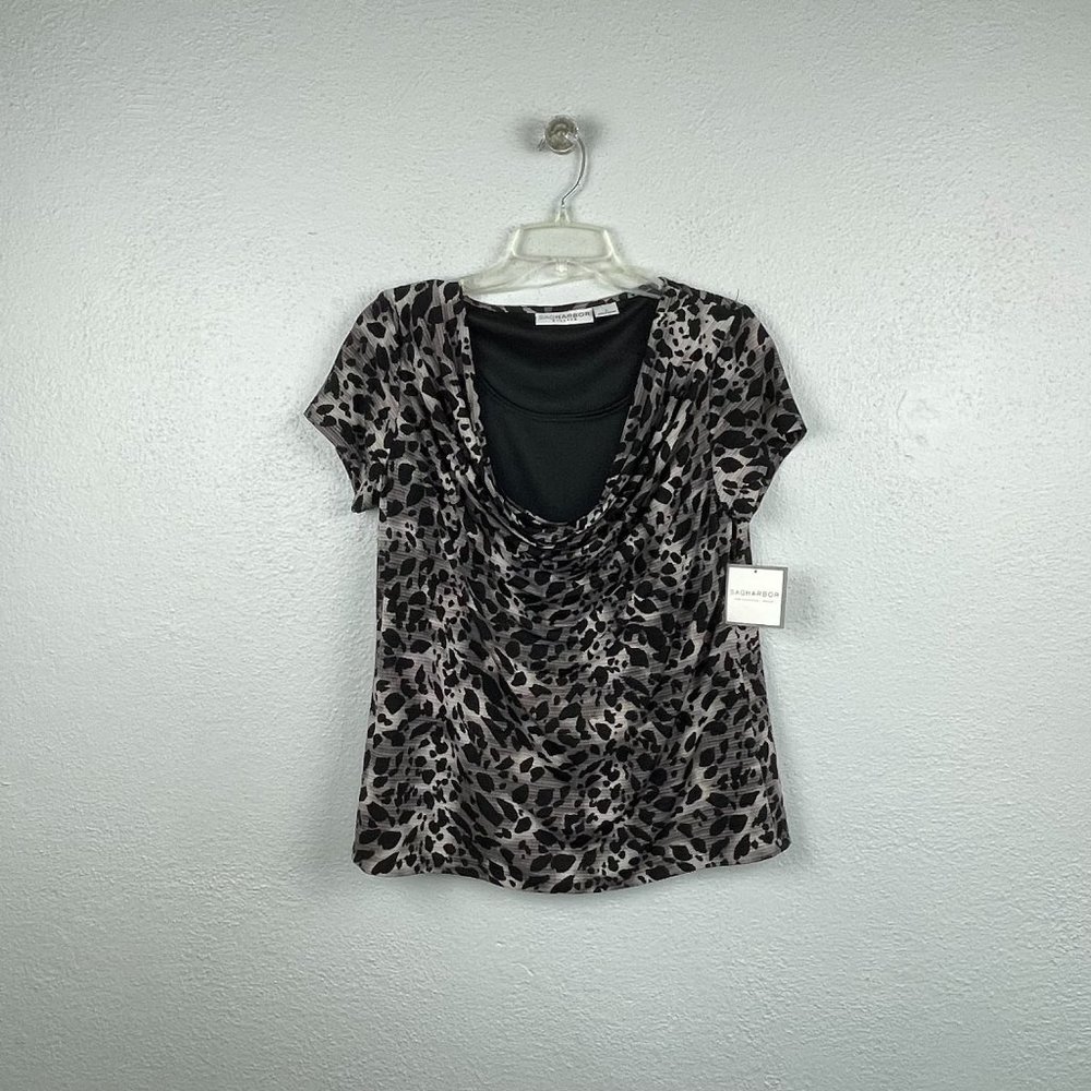 NWT Sag Harbor Womens Animal Print Short Sleeve Draped Neckline Blouse Size S